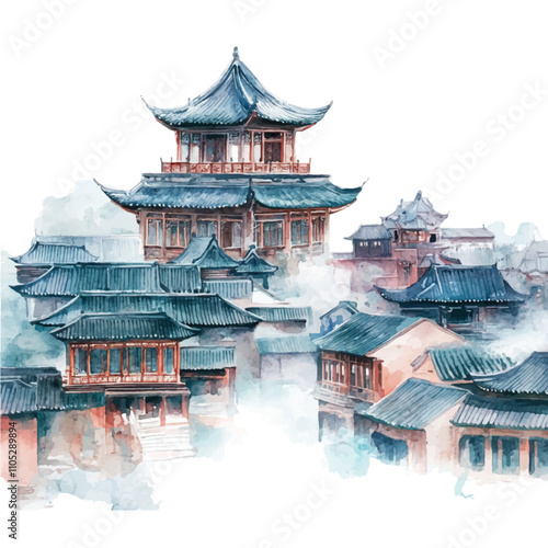 Watercolor old Chinese city buildings on white background