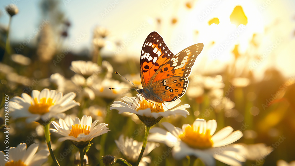Butterfly on a daisy field at sunset. Concept of beauty, nature, and freedom. Butterfly on a daisy field at sunset. Concept of beauty, nature, and freedom.