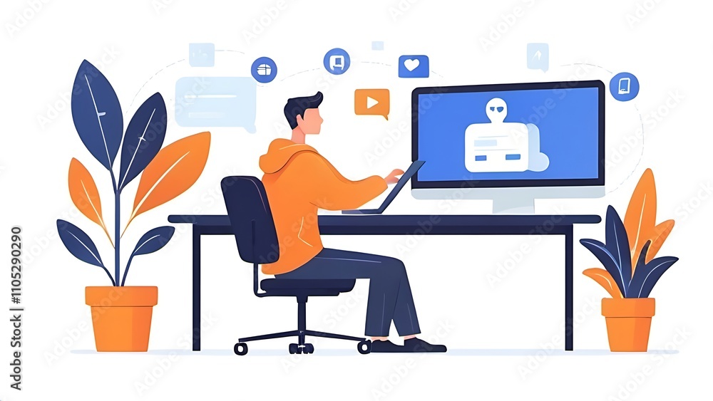 Fototapeta premium Flat illustration man is sitting at his desk in front of the computer, creating an online profile with vector illustrations on a white background business social media banner digital marketing logog, 