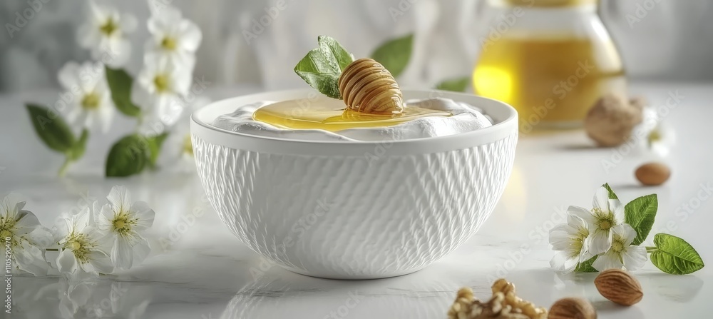White Bowl with Yogurt, Honeycomb, and Honey Drizzle on Clean White Backdrop with Nuts White Bowl with Yogurt, Honeycomb, and Honey Drizzle on Clean White Backdrop with Nuts