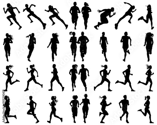 Black silhouettes of runners on a white background	