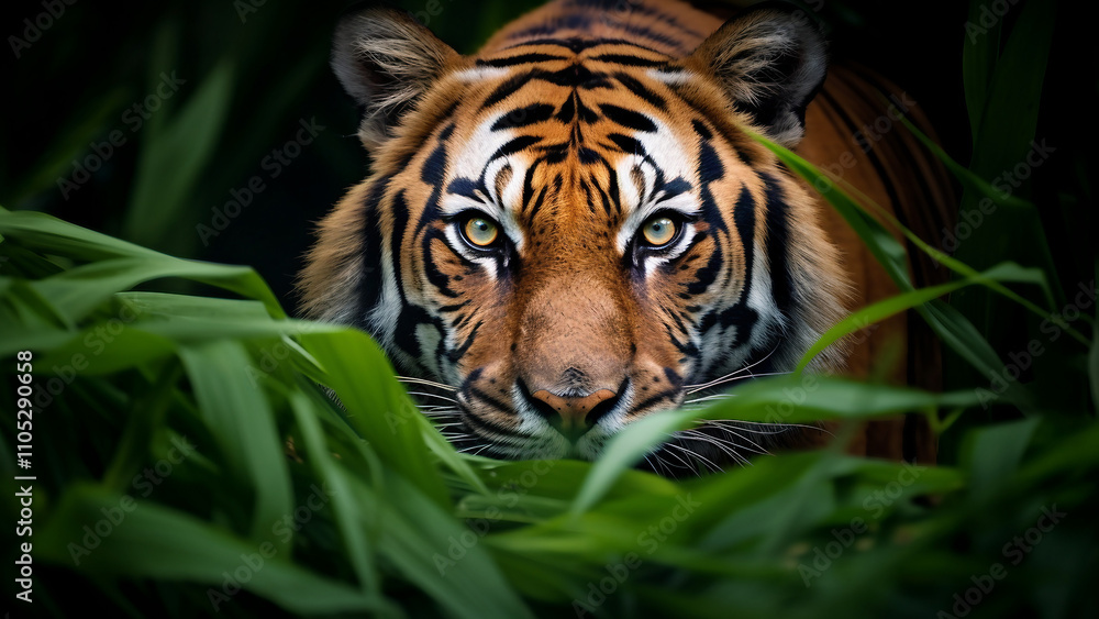 Tiger in the jungle. Wildlife, predator, nature, and conservation concept. Tiger in the jungle. Wildlife, predator, nature, and conservation concept.