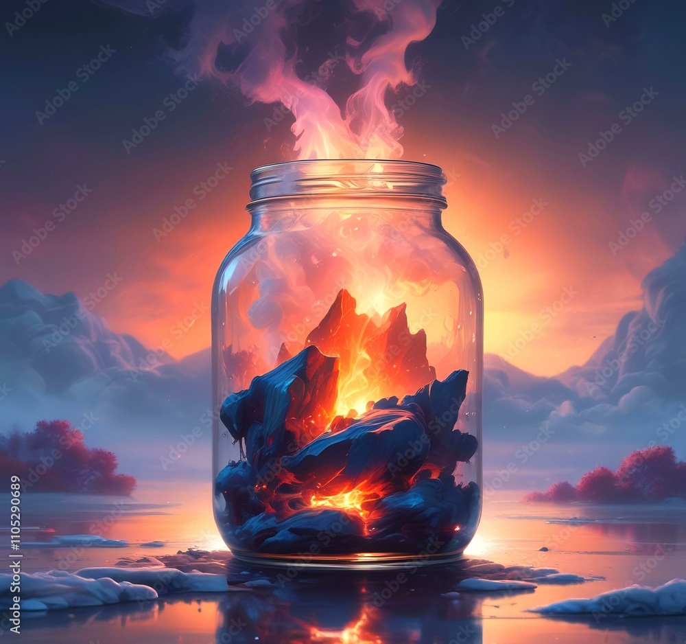 Illustration of glowing and magic dramatic smoke in jar with water reflection. Illustration of glowing and magic dramatic smoke in jar with water reflection.