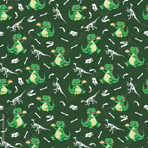 seamless pattern features cute green cartoon dinosaurs, dinosaur bones, and fossils on a dark green background, perfect for kids' designs and playful decor