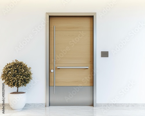 Minimalist front door in light wood with stainless steel and a decorative plant. photo