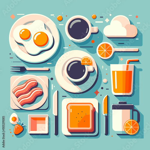 Colorful breakfast layout illustration with eggs, bacon, toast, and drinks on a turquoise background copy space