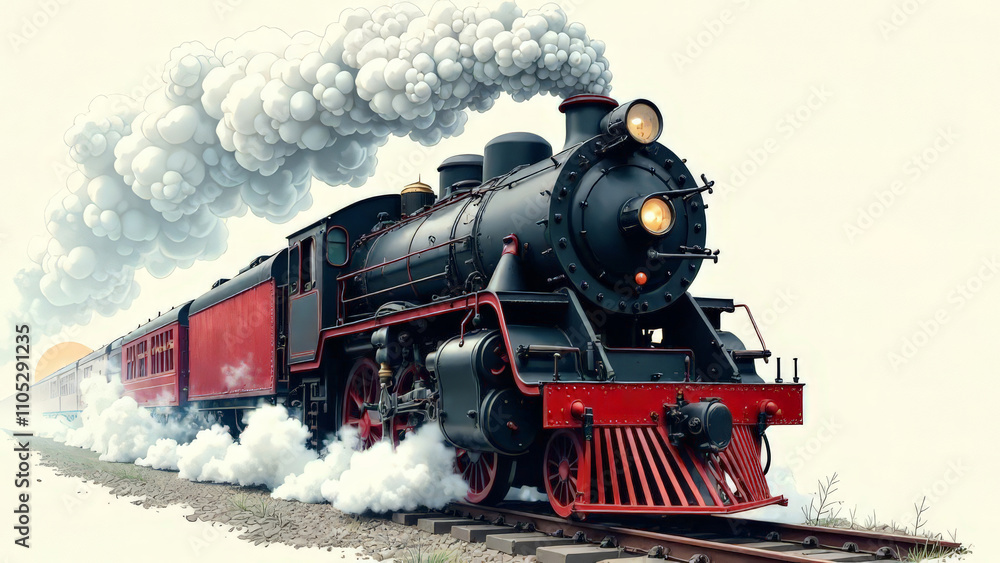 Obraz premium Train with smoke on white background.