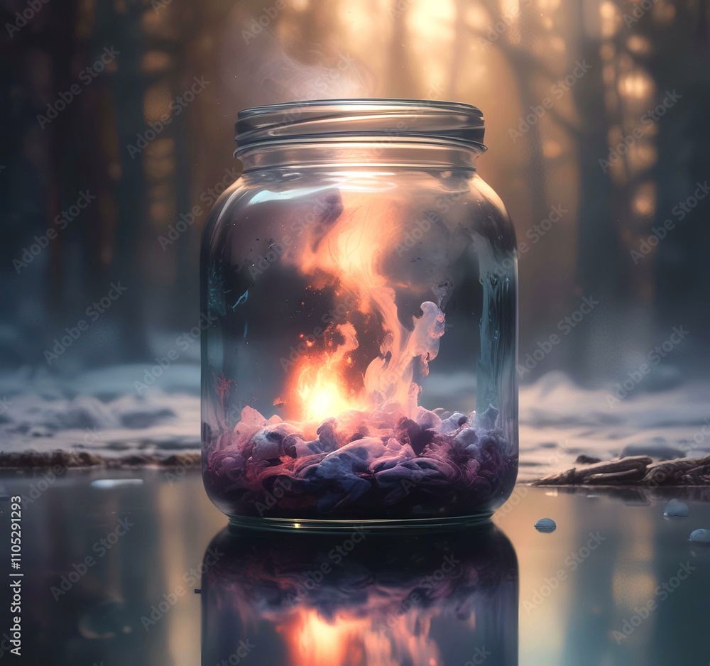 Illustration of glowing and magic dramatic smoke in jar with water reflection. Illustration of glowing and magic dramatic smoke in jar with water reflection.
