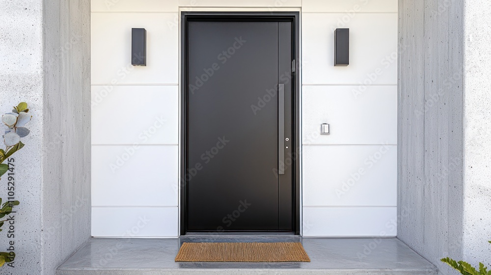 Simple black door with white walls, concrete floor, and a welcoming mat. Simple black door with white walls, concrete floor, and a welcoming mat.