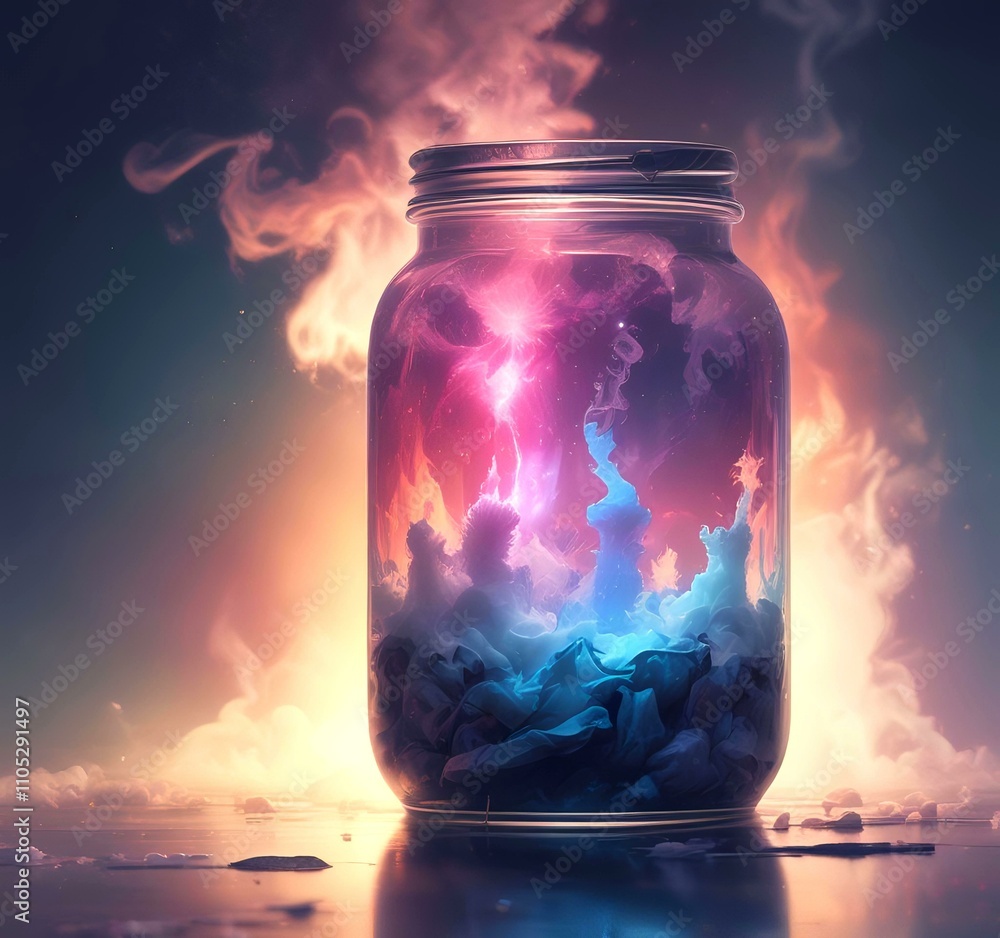 Illustration of glowing and magic dramatic smoke in jar with water reflection. Illustration of glowing and magic dramatic smoke in jar with water reflection.