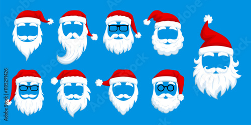 Santa photo booth masks for Christmas or New Year holiday carnival masquerade, cartoon vector. Santa face mask for photobooth template or avatar emoji with pompom hat, beard or mustaches and glasses