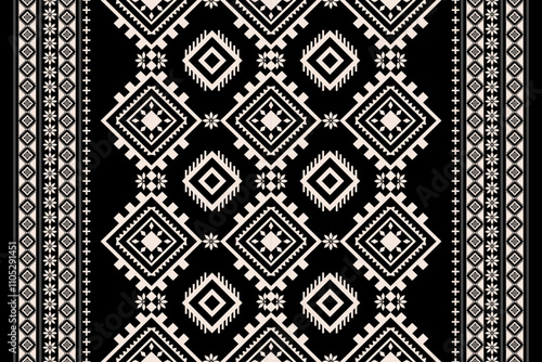 Seamless white geometric ethnic asian oriental and tradition pattern texture on black background. Silk and fabric pattern decoration for carpet. Thai clothing wrapping and wallpaper