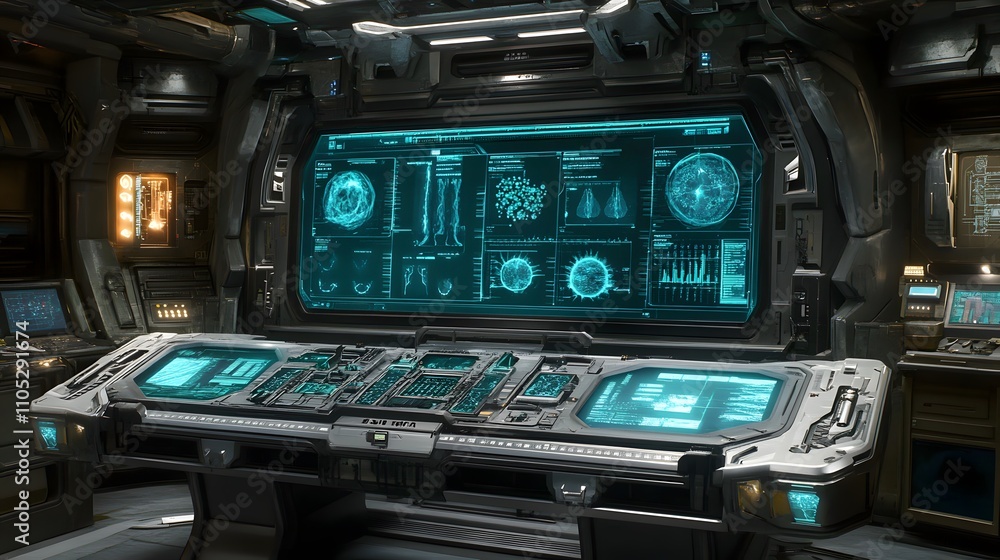 Futuristic spaceship control panel with glowing displays. Futuristic spaceship control panel with glowing displays.