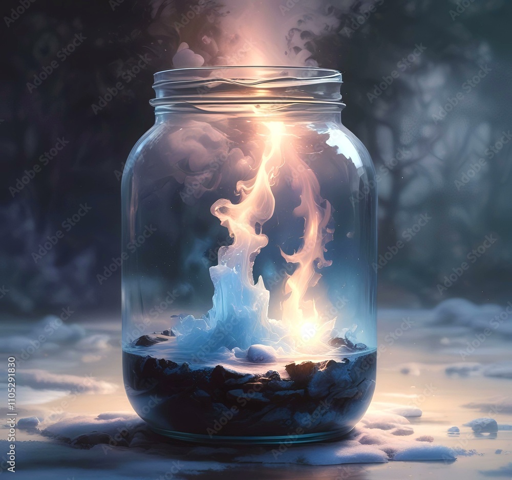 Illustration of glowing and magic dramatic smoke in jar with water reflection. Illustration of glowing and magic dramatic smoke in jar with water reflection.