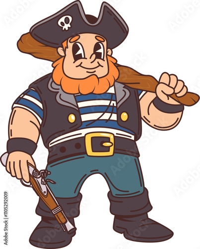 Cartoon pirate, corsair captain cute character. Corsair bandit crew skipper isolated vector funny personage, redhead Caribbean pirate boatswain or filibuster sailor captain with pistol and wooden club