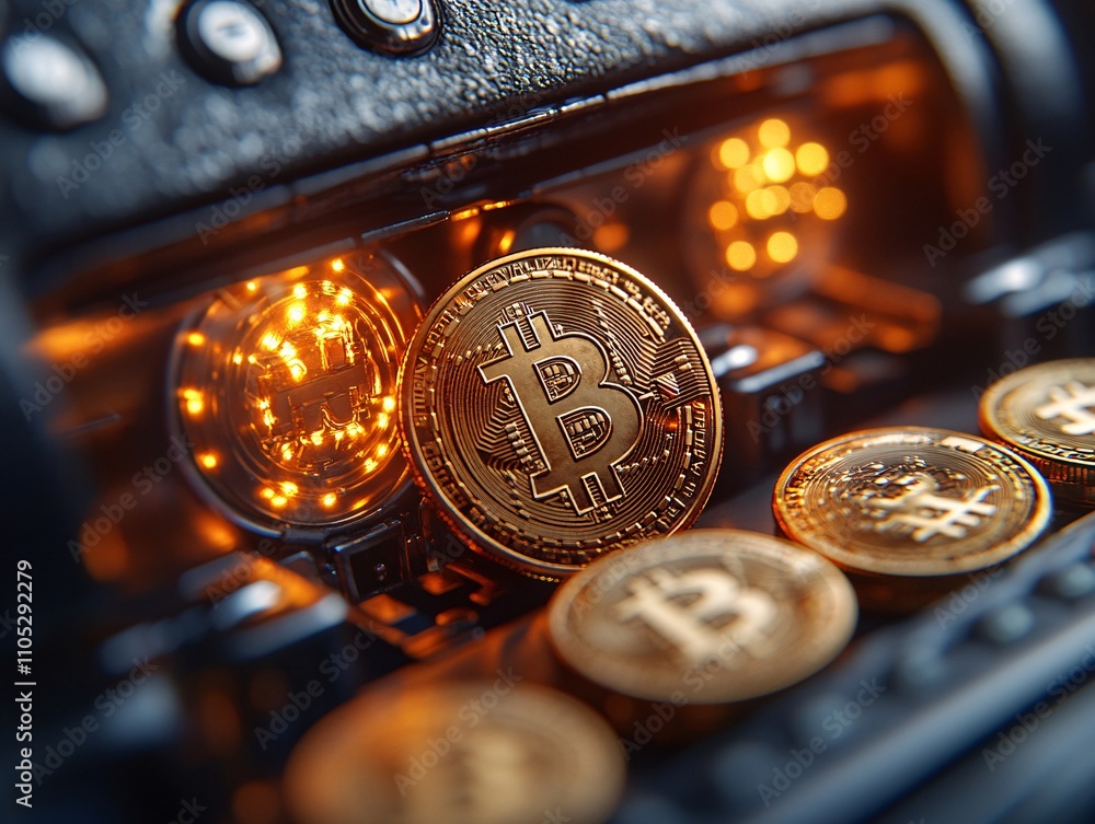 A close-up of Bitcoin coins inside a digital cash register, illuminated by warm lights, symbolizing cryptocurrency and modern finance. A close-up of Bitcoin coins inside a digital cash register, illuminated by warm lights, symbolizing cryptocurrency and modern finance.