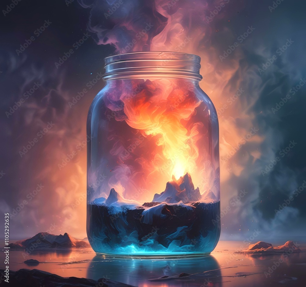 Illustration of glowing and magic dramatic smoke in jar with water reflection. Illustration of glowing and magic dramatic smoke in jar with water reflection.