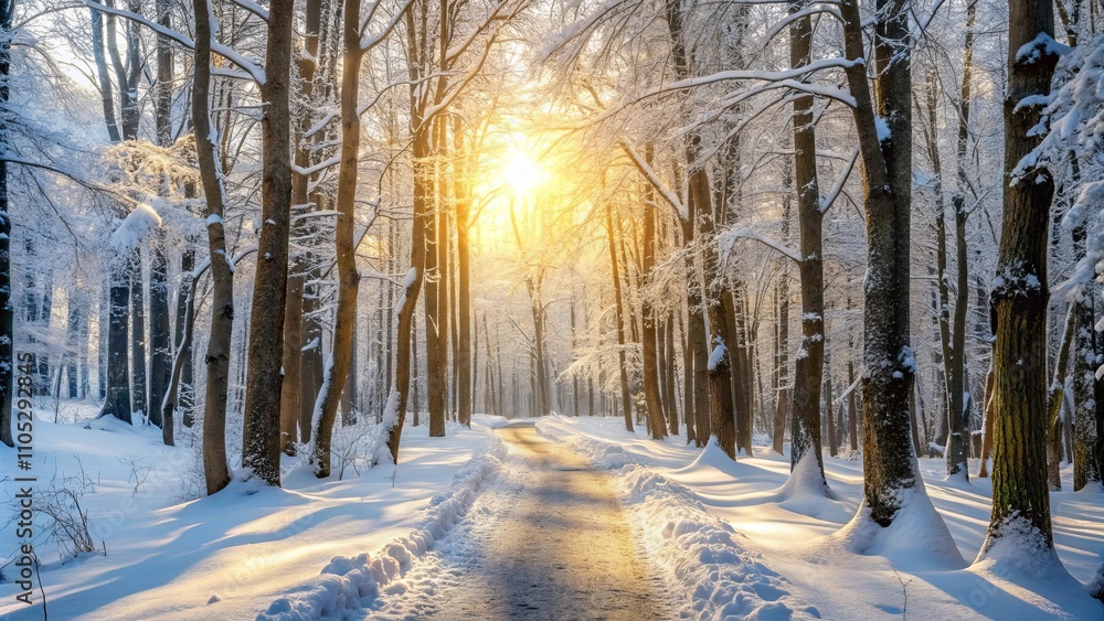 Golden Hour in a Snow-Covered Winter Forest Path Golden Hour in a Snow-Covered Winter Forest Path
