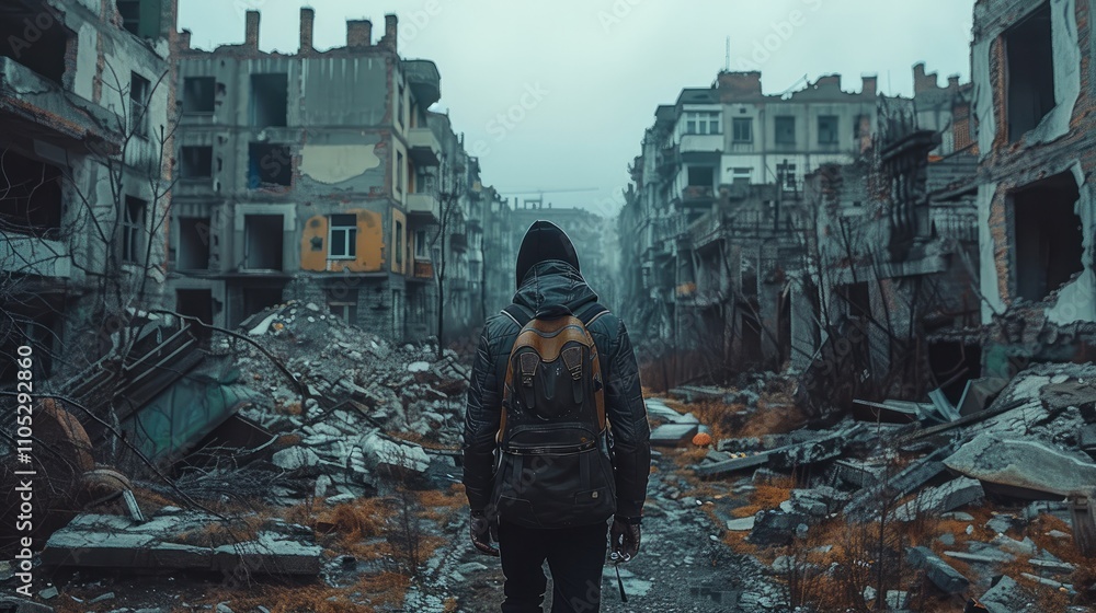 Obraz premium Rear view. Abandoned city, man walking alone in the ruins of the city.