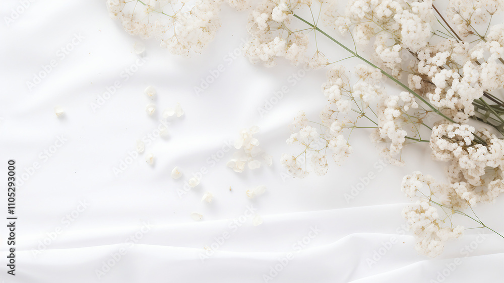 Delicate white flowers on white linen. Concept of tranquility, serenity, and minimalist aesthetic. Delicate white flowers on white linen. Concept of tranquility, serenity, and minimalist aesthetic.