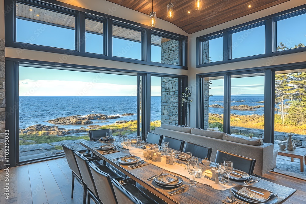 Fototapeta premium Dining area with panoramic water views