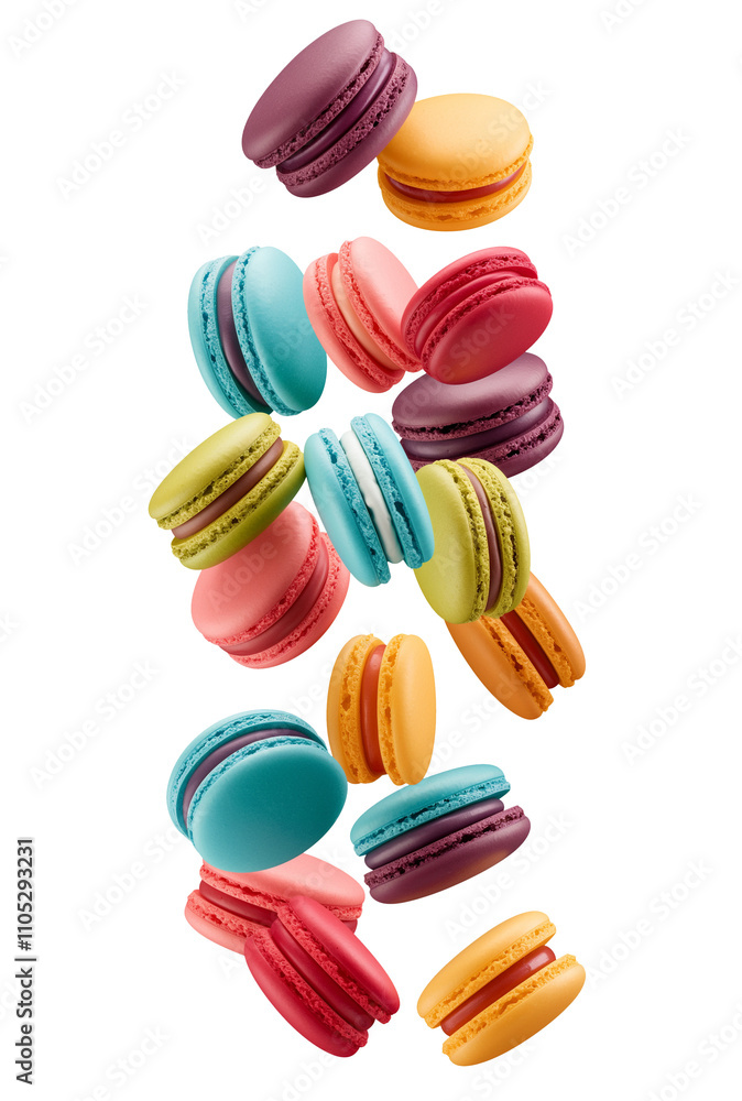 super highly detail of colorful macaroon cakes floating isolated on white background super highly detail of colorful macaroon cakes floating isolated on white background