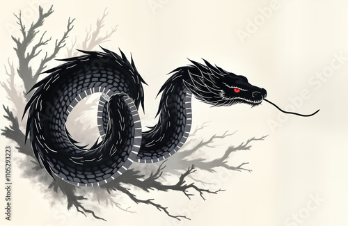 Stunning black, grey snake illustration in Chinese style. Snake design in Chinese new year theme for 2025. Snake depicted with stylized body, intricate brushstroke details. Coils around, among photo