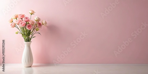 A delicate bouquet of light pink flowers arranged in a ribbed white vase against a pale pink wall.