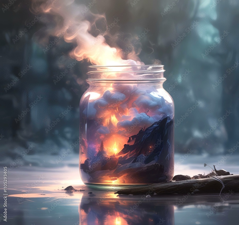 Illustration of glowing and magic dramatic smoke in jar with water reflection. Illustration of glowing and magic dramatic smoke in jar with water reflection.