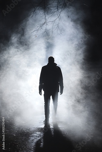 Solitary Figure Walking Through Foggy Night Path