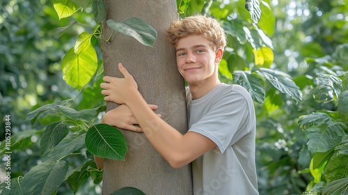 a young man warmly embracing the trunk of a tree, symbolizing a connection with nature and environmental care.  green foliage, emphasizing themes of sustainability, love for nature, and conservation photo