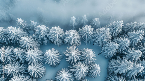 Aerial View of Snow-Covered Pine Trees in a Misty Forest