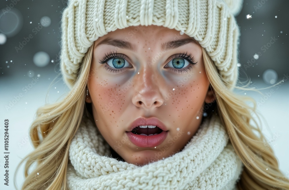 Woman blonde winter, close-up, winter clothes, white scarf and hat Woman blonde winter, close-up, winter clothes, white scarf and hat