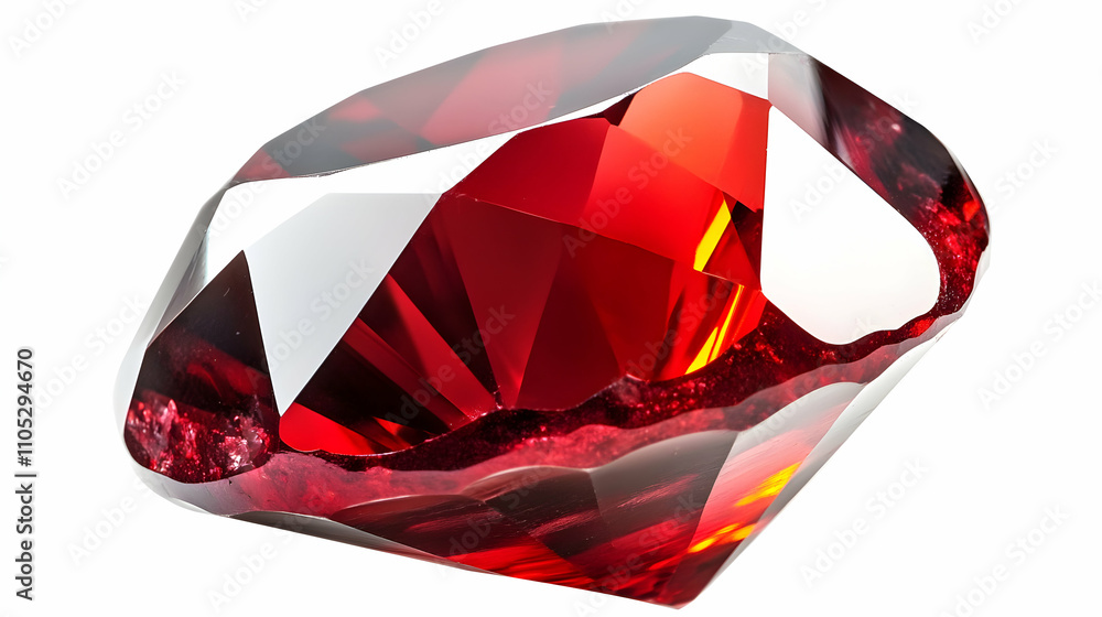 Brilliant Red Gemstone: A Close-Up of a Facetted Crystal with Intense Color and Shine, Isolated on White Background Brilliant Red Gemstone: A Close-Up of a Facetted Crystal with Intense Color and Shine, Isolated on White Background