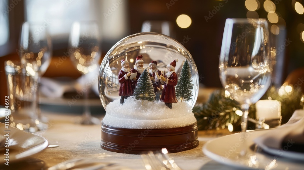 Holiday Snow Globe on Dinner Table Holiday Snow Globe on Dinner Table