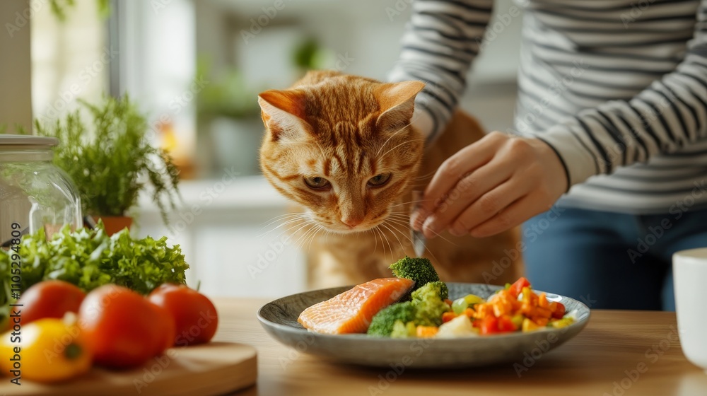 A cheerful scene of a pet parent decorating a gourmet meal for their cat, featuring vibrant ingredients on a beautiful ceramic plate