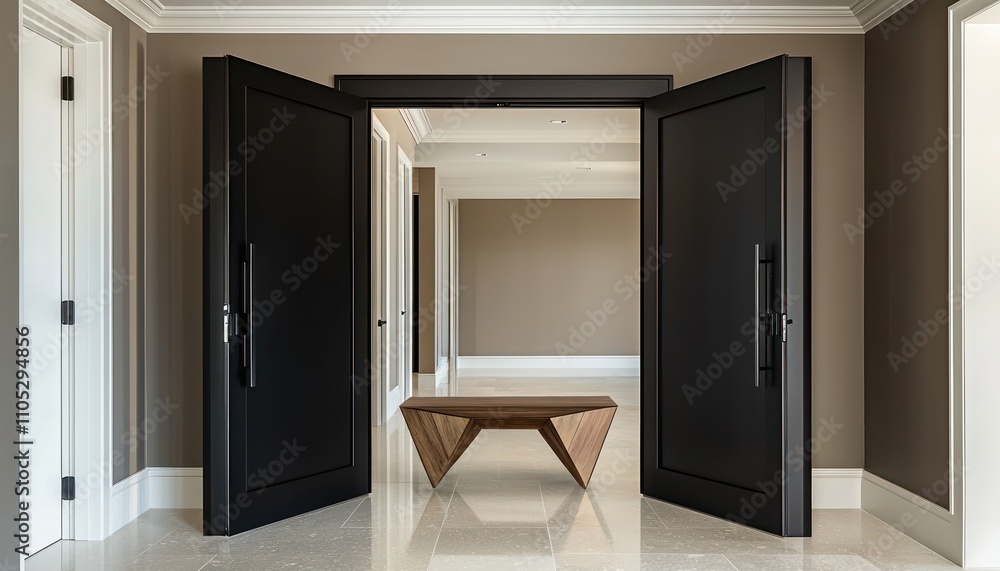 A stylish black door opens into a spacious hallway with taupe walls and a wooden bench. A stylish black door opens into a spacious hallway with taupe walls and a wooden bench.