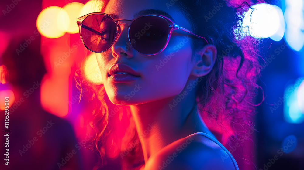 Stylish woman enjoying nightlife with neon lights and sunglasses Stylish woman enjoying nightlife with neon lights and sunglasses