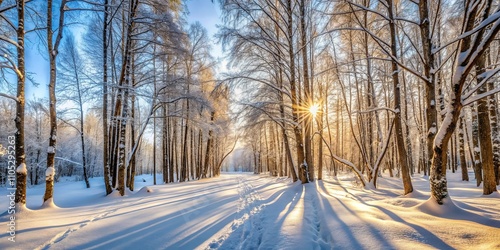 Winter wonderland path through snow-covered trees with sun shining brightly