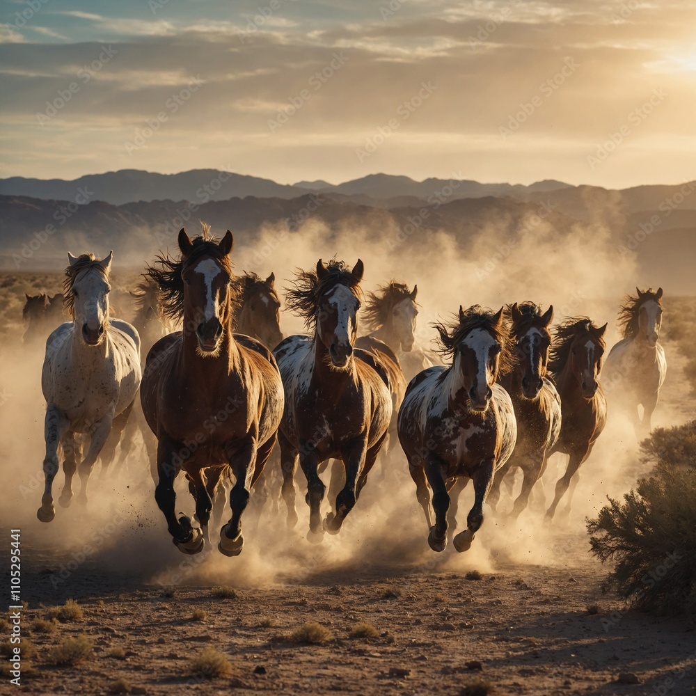 Obraz premium A herd of wild horses running freely through a desert, their dust trail glowing in the evening light.