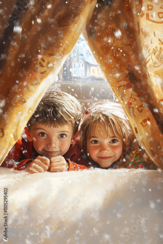 A girl and a boy peeking out from the curtains with curiosity. Children in festive anticipation of a miracle