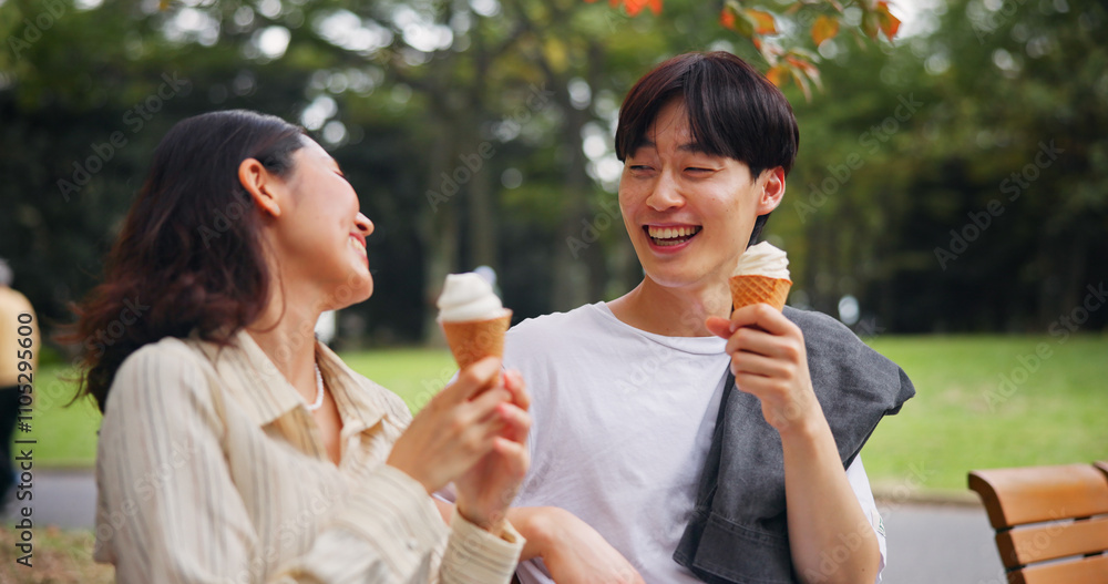 Couple, date and laugh in park with ice cream, bonding and share memories in Osaka. Japanese people, happy and outdoor with dessert snack for relationship development, funny story or travel with love Couple, date and laugh in park with ice cream, bonding and share memories in Osaka. Japanese people, happy and outdoor with dessert snack for relationship development, funny story or travel with love