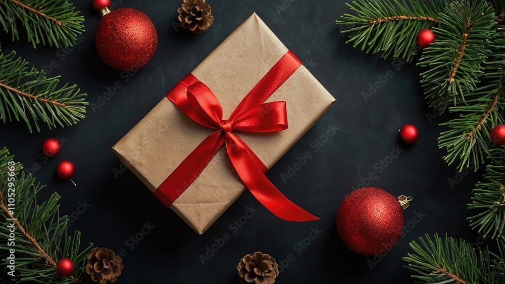 A top-down view of festive Christmas decorations featuring a wrapped gift, pine branches, red ornaments, on a dark background creating a cheerful holiday atmosphere, 8k Resolution A top-down view of festive Christmas decorations featuring a wrapped gift, pine branches, red ornaments, on a dark background creating a cheerful holiday atmosphere, 8k Resolution