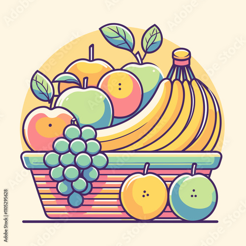 Vibrant fruit basket illustration with bananas, apples, grapes, and oranges on a light background copy space