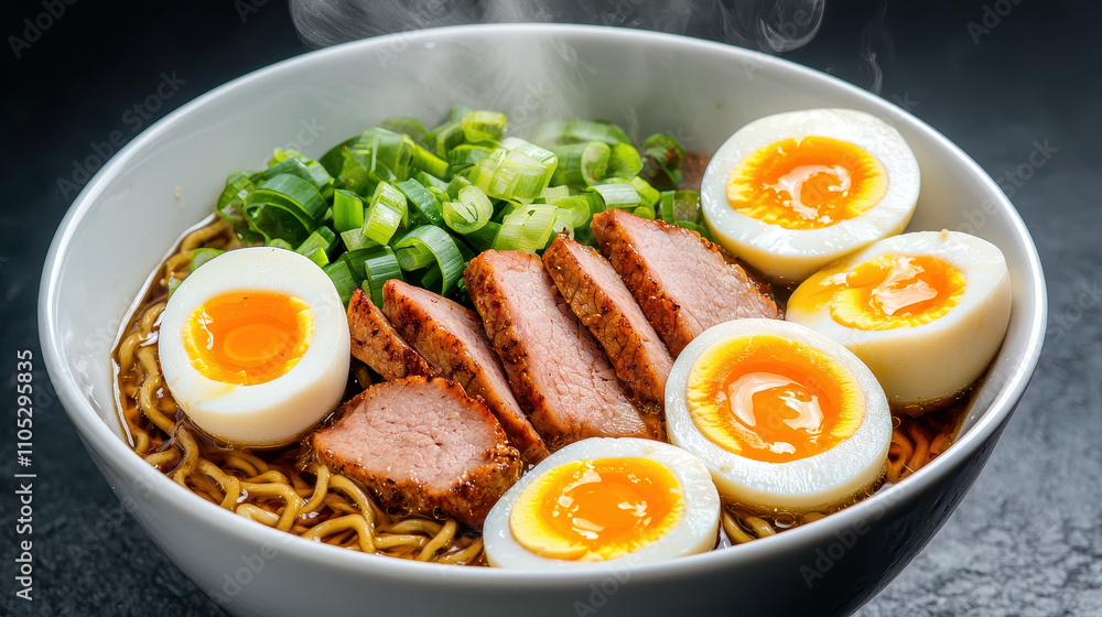 delicious bowl of ramen featuring sliced pork, boiled eggs, and green onions, creating warm and inviting meal. Perfect for food lovers! delicious bowl of ramen featuring sliced pork, boiled eggs, and green onions, creating warm and inviting meal. Perfect for food lovers!