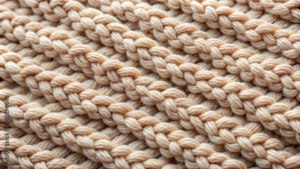 Close-up view of a textured beige knitted fabric, showcasing the intricate details of the yarn and the pattern's weave. Close-up view of a textured beige knitted fabric, showcasing the intricate details of the yarn and the pattern's weave.