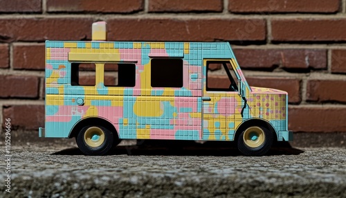 A Colorful Ice Cream Truck Model Against a Brick Wall Background: A Delightful Summer Scene photo