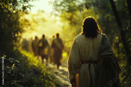 A man in a white, soiled robe follows a crowd of people. Jesus Christ with his disciples in Judea photo