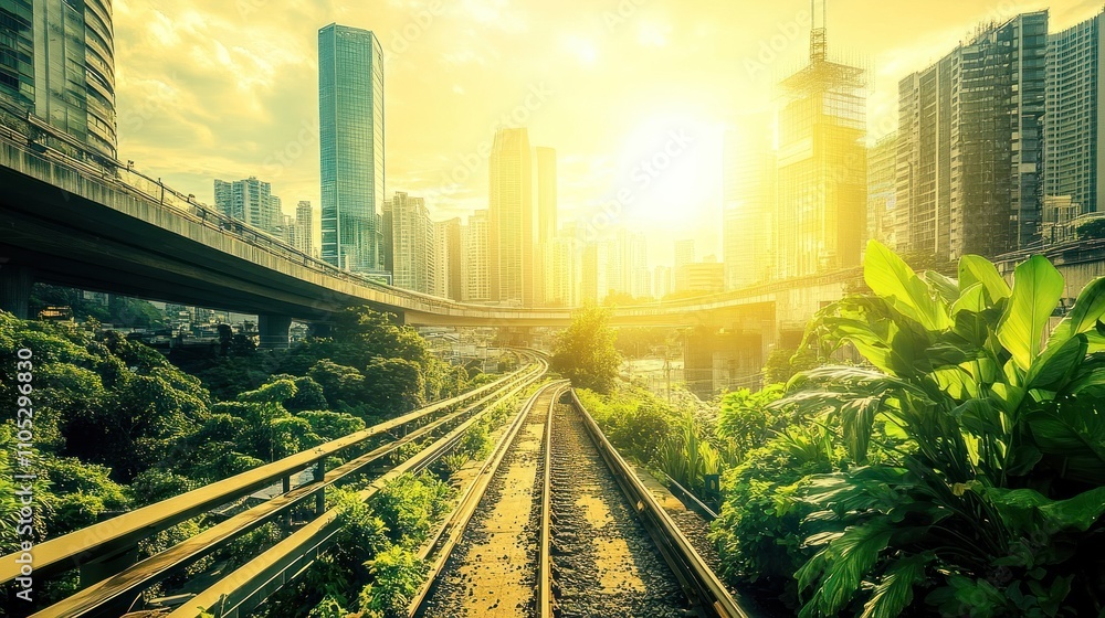Urban Jungle Railway Tracks Amidst Skyscrapers at Sunset Urban Jungle Railway Tracks Amidst Skyscrapers at Sunset