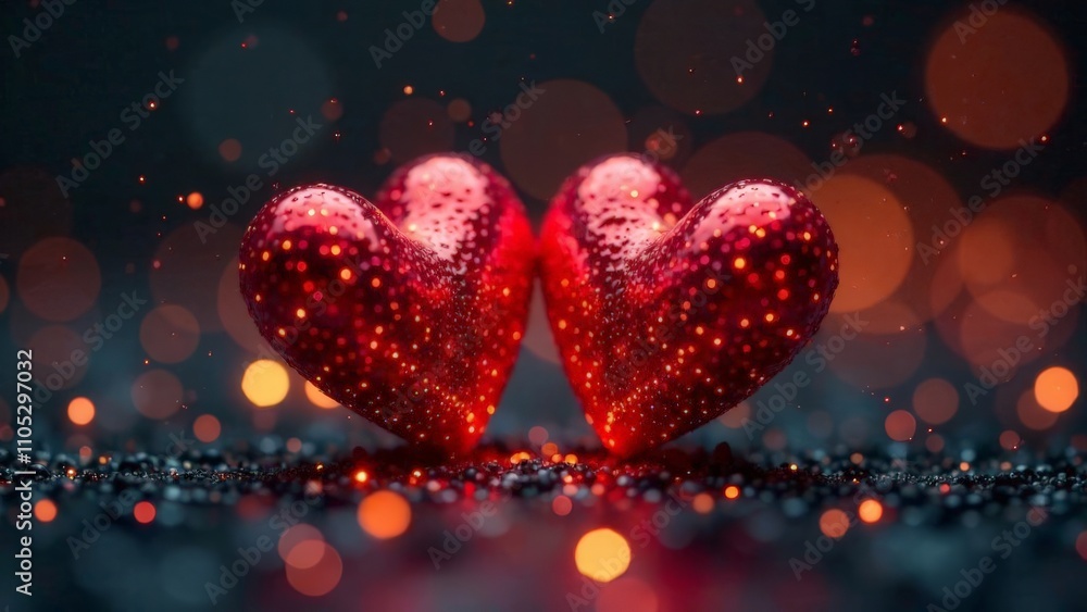 Magic Valentine. Two red hearts on a background with bokeh. Magic Valentine. Two red hearts on a background with bokeh.